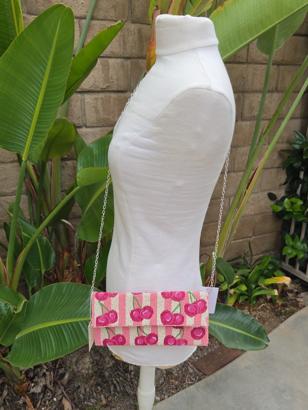 Sol And Mer Viral Cherry Beaded Clutch Bag Pink White Stripe Crossbody NWT